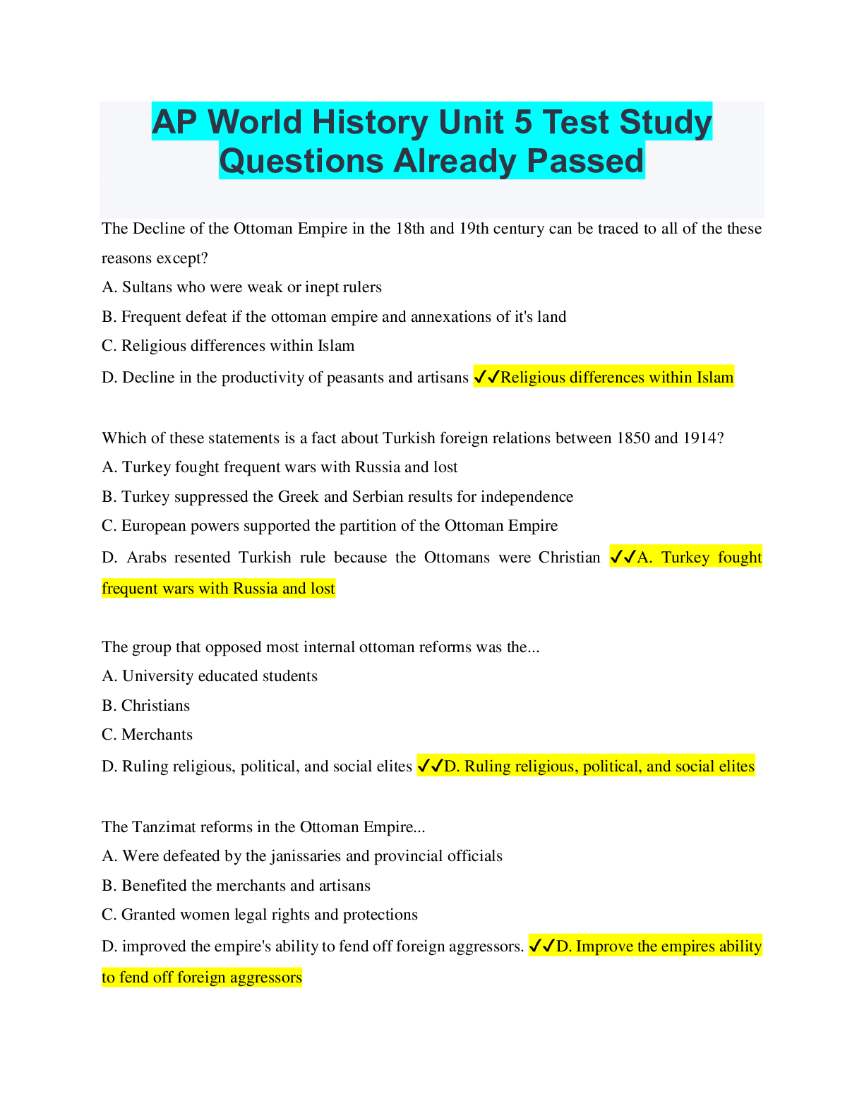 Preview of AP World History Unit 5 Test Study Questions Already Passed